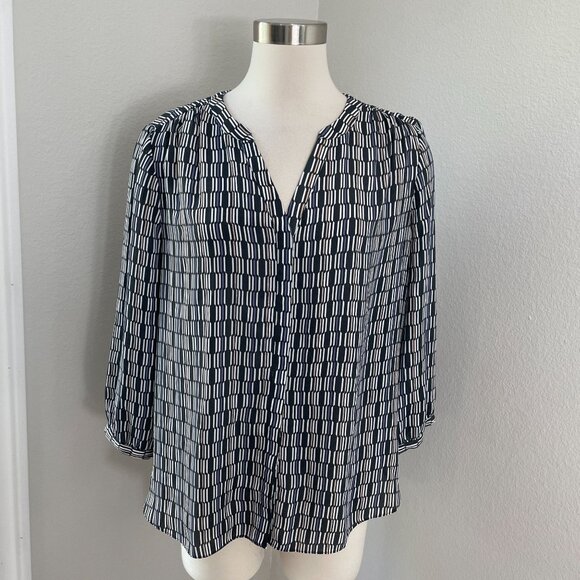 Nydj Womens Medium Geometric Blouse Tunic Top 3/4 Sleeve Shirt Pleated Back - Picture 1 of 9